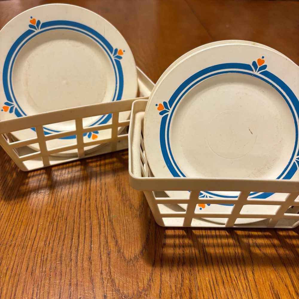 Vintage 1987 Fisher Price Blue and Orange Patterned Plates with Holders